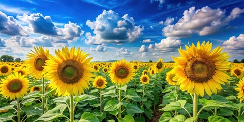 Tall bright yellow sunflowers in a lush green field with a clear blue sky and fluffy white clouds , summer field, floral scene