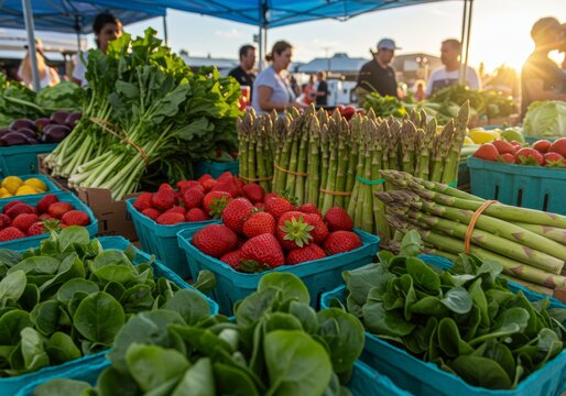 A farmers' market with fresh spring vegetables and fruits