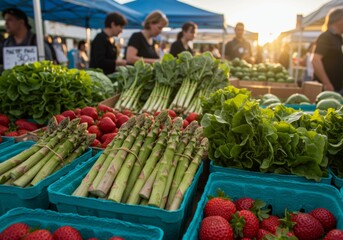 A farmers' market with fresh spring vegetables and fruits