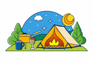 Isolated camping tent in nature., campsite sport equipment. 3d style vector illustration of tent for tourism and hiking activities.