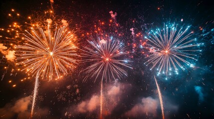 Fototapeta premium Colorful Fireworks Show with Bright Lights and Sparkling Particles at Night