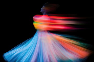 A vibrant blurred motion of a dancer in a colorful dress, showcasing elegance and grace against a dark background The dynamic colors evoke emotions of joy and freedom