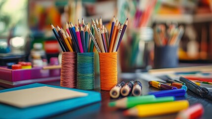 Colorful Art Supplies on a Table with Pencils and Markers