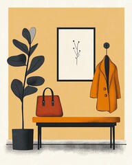 "Flat Art Illustration of a Cozy Bedroom with Bed and Nightstands" Stylish interior with elegant decor elements.