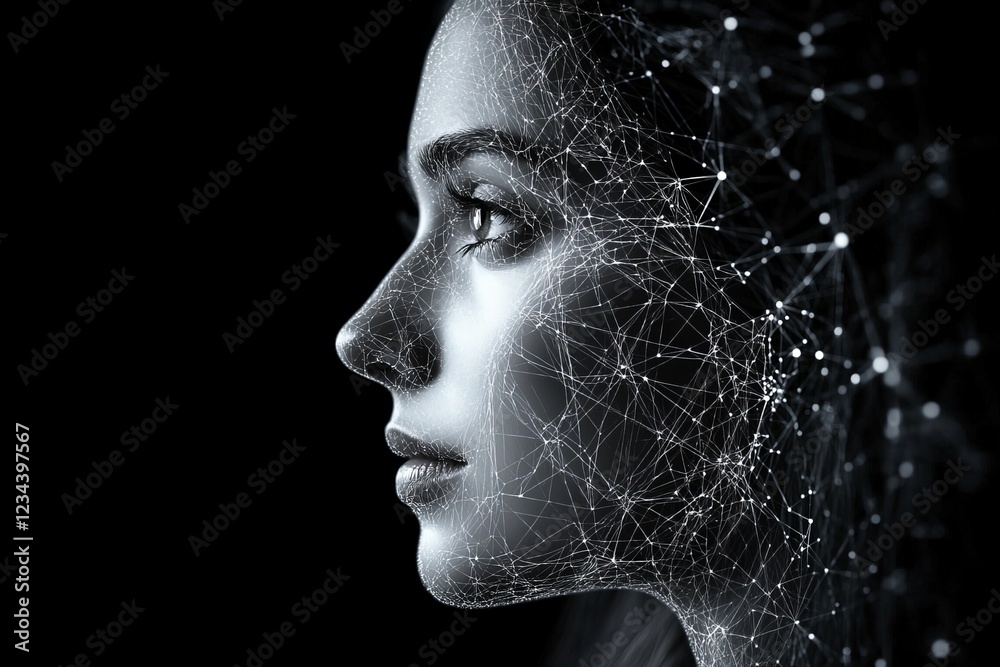 Fototapete woman's profile with digital network lines representing connection and technology in a dark setting