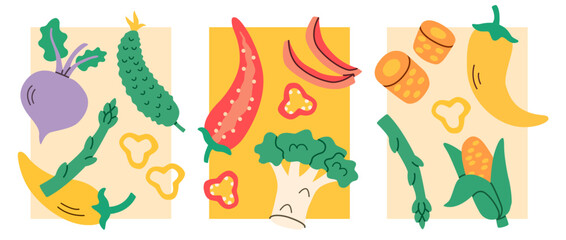 Obraz premium Flat illustration of assorted vegetables including beet, cucumber, chili, broccoli, asparagus, and corn, arranged in decorative cards, ideal for healthy eating, cooking projects, fresh food designs.