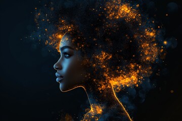 Experience the mesmerizing beauty of a profile illuminated by golden particles against a dark background