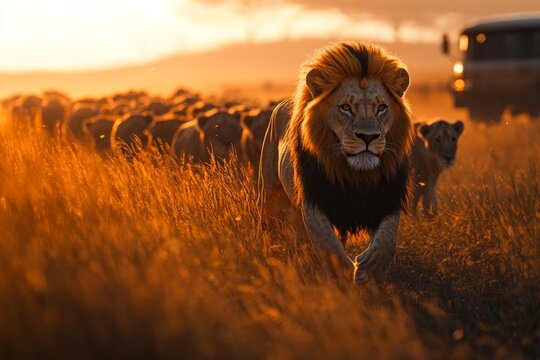 Majestic lion leads a pride at sunset in the savanna while a vehicle observes the wildlife