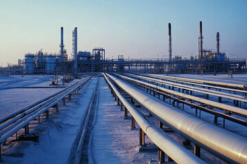 Fototapeta premium Natural gas pipeline system in winter landscape