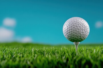 Close-up of a golf ball on a tee, set against a vibrant, blue sky and lush green grass, perfect for sports and leisure themes.