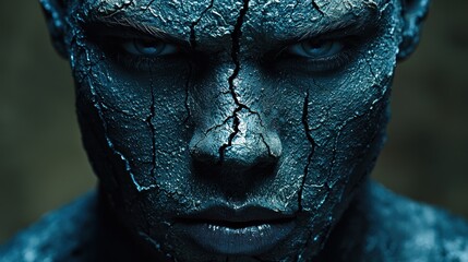Obraz premium Cracked face, intense stare, dark background, artistic portrait