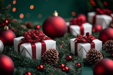 Decorative holiday gifts arranged with ornaments and pinecones on green background during festive season