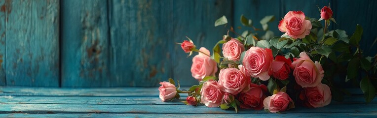 Obraz premium A bouquet of vibrant pink roses on a vintage blue wooden surface, evoking romance and charm.
