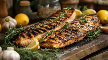 An Artistic Composition of Grilled Salmon on a Rustic Table Surrounded by Vibrant Fresh Ingredients Like Garlic, Herbs, and Lemons for a Culinary Masterpiece