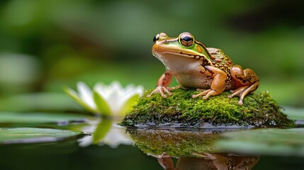 Frog sitting on mossy rock in pond nature photography close-up