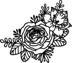 Hand drawing floral line art illustration featuring detailed rose,dafodil,,leaves, and botanical elements. For coloring pages, corner decoration,tattoo designs, laser cutting, and decorative clipart.