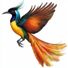Obraz premium Vibrant and Colorful Tropical Bird with Majestic Feathers in Flight Against a Clean Background