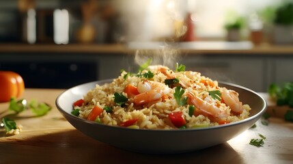 A Colorful and Aromatic Plate of Fried Rice with Vegetables and Shrimp, Perfectly Garnished and Ready to Serve
