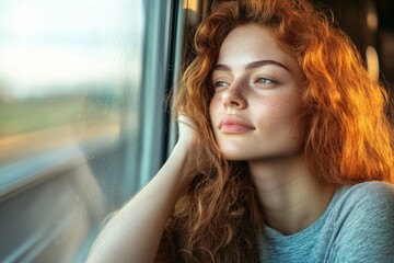 Naklejka premium Young woman gazes out of the train window during a scenic journey on a sunny afternoon