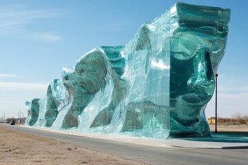 Modern art sculpture features transparent faces along a road in an open landscape