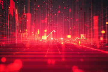 Abstract red digital financial background with glowing data and upward graphs, representing stock market growth, technology innovation, and business analytics
