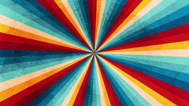 Looped animation of psychedelic concentric colored sun lines with watercolor cartoon style. Pastel, colorful, retro, psychedelic, wavy, cartoon sky sunburst looping animation in 70s retro style.