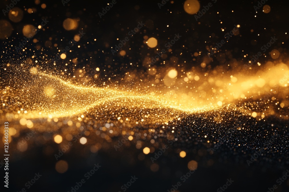 Fototapete Golden particles creating a shimmering wave effect in dark background during artistic display