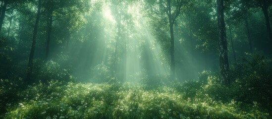 Obraz premium Sunbeams illuminate a misty green forest floor with wildflowers.