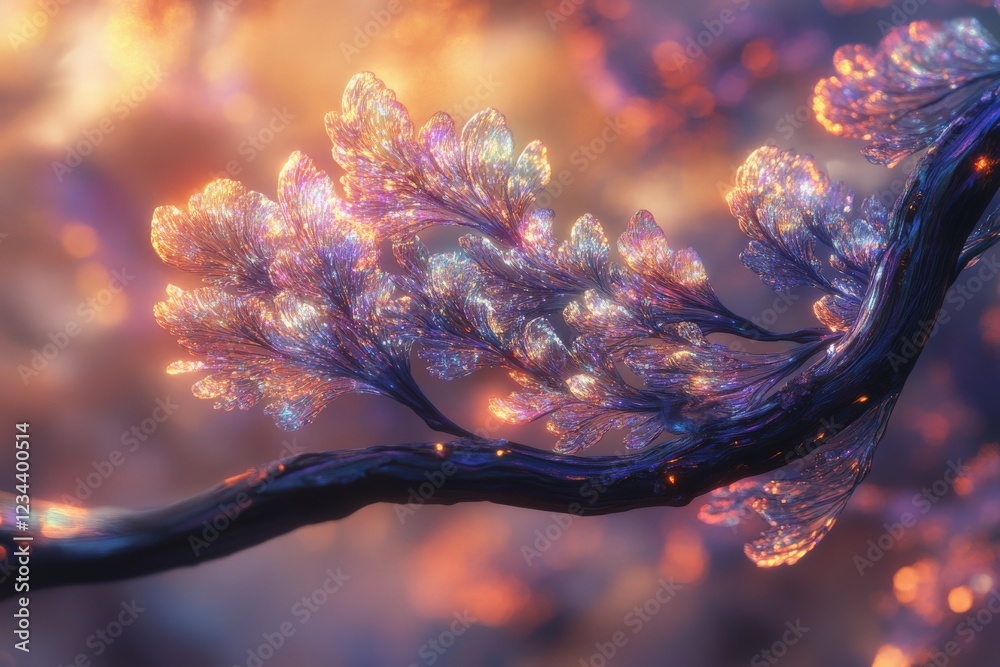 Aufkleber glowing branches adorned with shimmering leaves in an ethereal landscape during twilight