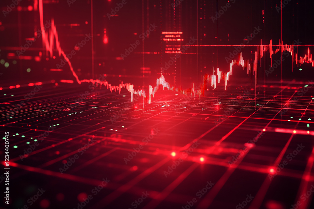 Poster Abstract red financial graph with dynamic data and glowing patterns, showcasing stock market analysis, technology-driven trends, and economic performance visualization