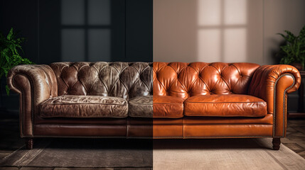 Split Screen Before and After Leather Sofa Restoration