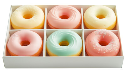 Fototapeta premium A Box of Pastel Donuts With Colorful Frosting, Delicious Glazed Doughnuts, and Sweet Bakery Treats, Perfectly Captured in Food Photography, Isolated on a Transparent Background