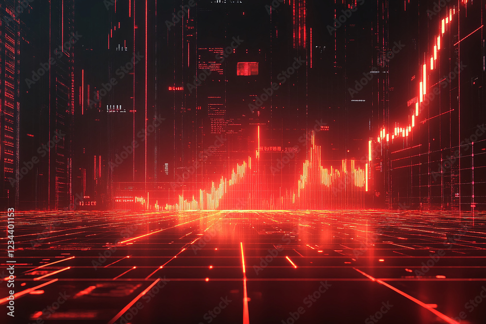 Poster red digital financial graph with glowing lines and futuristic interface, showcasing economic data, s