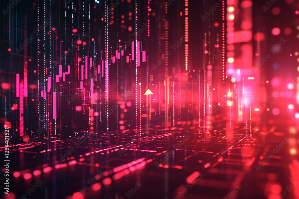 Poster futuristic red digital financial data visualization with glowing charts and graphs, showcasing stock