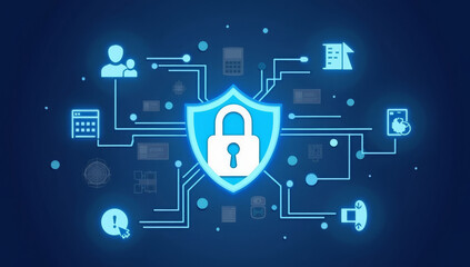  Illustration of digital security and data protection in blue-gold gradient with network icons