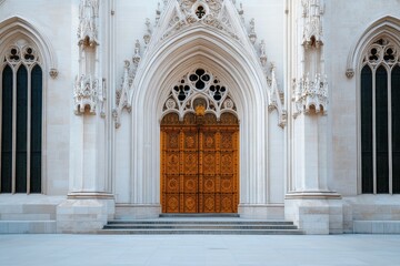 Obraz premium Majestic Gothic Cathedral Soaring Against a Clear Blue Sky, Showcasing Intricate Architecture and Timeless Beauty
