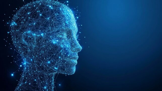 Digital Human Head, Abstract Technology, Artificial Intelligence. Connected Dots, Lines, Triangles