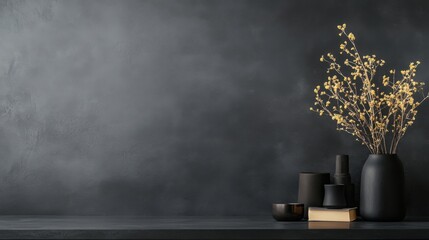 Elegant Still Life with Black Vases and Yellow Dried Flowers