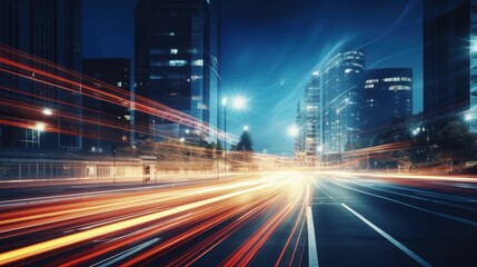 Fototapeta premium Light trails on the modern building background. Light trails at night in urban environment, Abstract Motion Blur City, traffic, transportation, street, road, speed