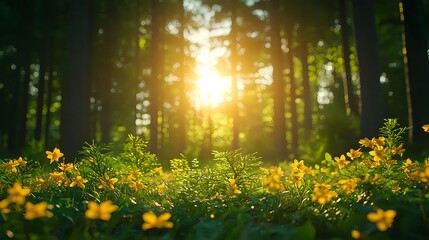 Obraz premium Golden Sunlight Filtering Through Forest Canopy