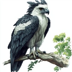 Obraz premium Majestic Harpy Eagle Perched on Branch with Lush Green Foliage in Background