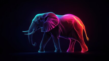 Neon Elephant Walking, Dark Background, Wildlife Art