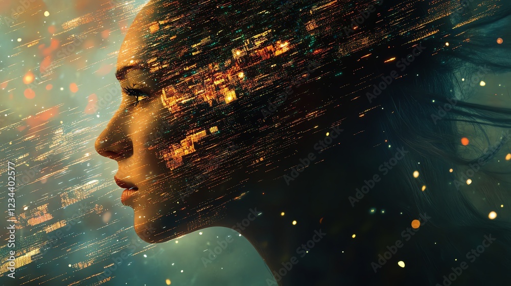 Fototapete ai brain merging with digital data streams