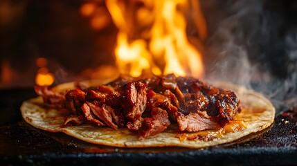 Stunning Close-Up of Juicy Trompo Al Pastor Roasting with Flames and Smoke in a Culinary Photography Showcase