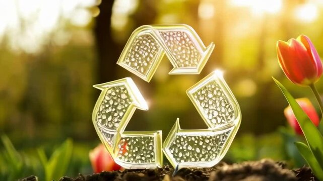 Transparent Recycling Symbol with Droplets in Sunlit Green Nature and Tulips Symbolizing Sustainability - S&iacute;mbolo de reciclaje por el sol y tulipanes que simbolizan la sostenibilidad