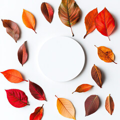Obraz premium Autumn-Themed Circular Frame with Colorful Fall Leaves on White Background