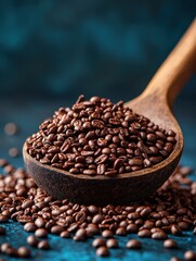 Obraz premium Close-up of roasted coffee beans in a wooden spoon, showcasing rich texture and color against a dark blue background.