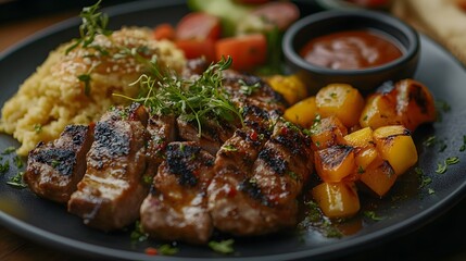 Fototapeta premium Artistic Presentation of Gourmet Fajitas: A Stylish Dish Enhanced with Sauces and Sides for Ultimate Appeal