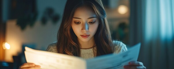 Deduction planning, debt asian young woman  hand using calculator to calculating money balance from bill and income, cost budget expenses for pay money form personal individual on table at