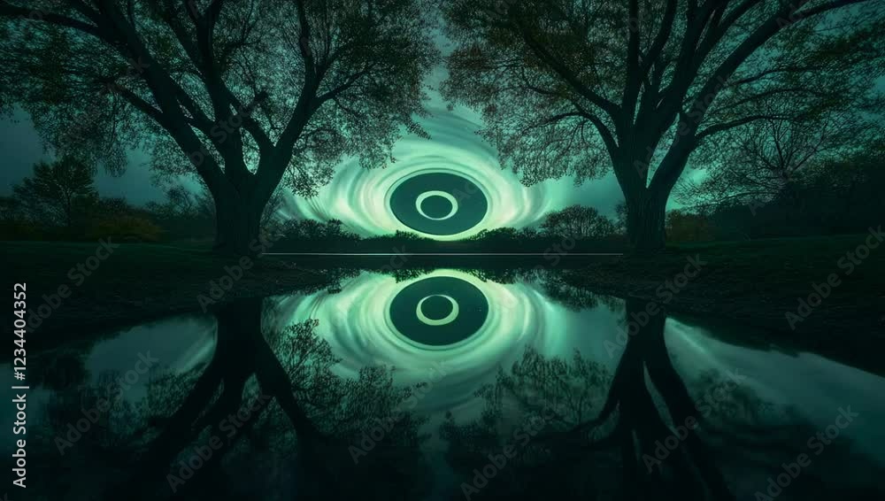 Poster a glowing fantasy portal between two trees is reflected in the water. looping video. hypnotic, calmi